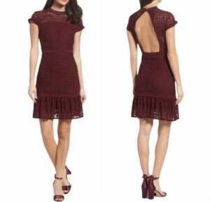 Foxiedox Ellie Fit & Flare Burgundy Lace Open Back Ruffle Hem Mini Dress